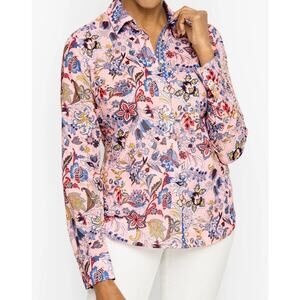 Talbots Petite Small Cotton Button Front Floral Paisley Pearl Snap Shirt Pink